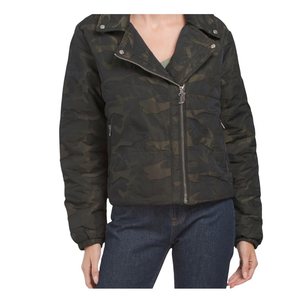 Juicy Couture Night Camo Moto Jacket Puffer XS Green Black Camouflage Over size